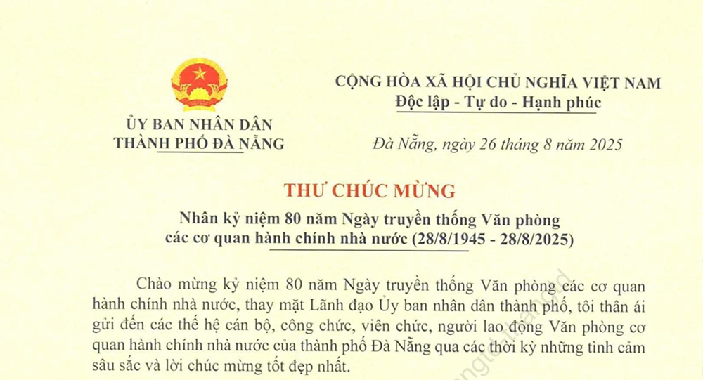 Lãnh đạo thành phố gửi thư chúc mừng kỷ niệm 80 năm Ngày truyền thống Văn phòng các cơ quan hành chính nhà nước (28-8-1945 – 28-8-2025)