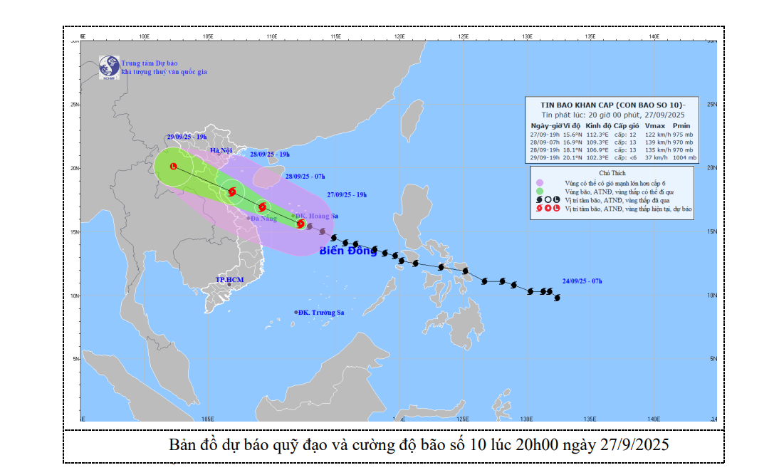 Lúc 19 giờ ngày 27-9, bão số 10 cách Đà Nẵng khoảng 460km về phía Đông