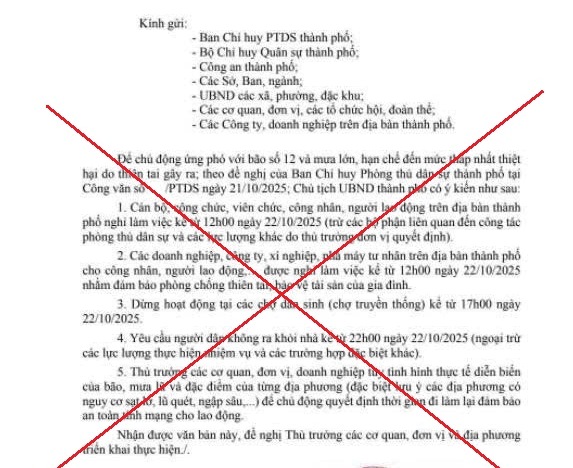 Không có chủ trương chỉ đạo nghỉ làm việc, dừng hoạt động chợ từ chiều 22-10 do bão số 12