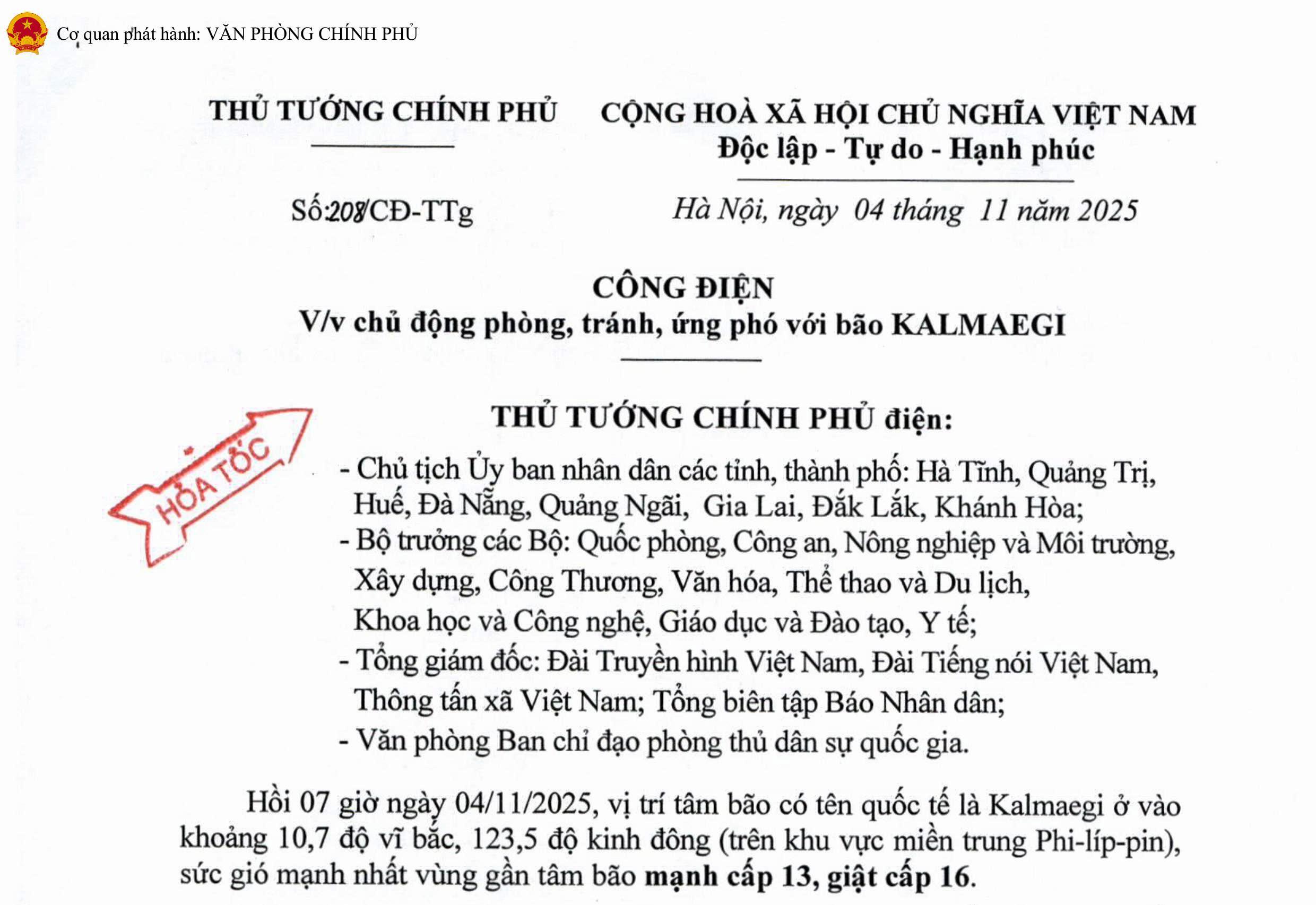 Công điện hỏa tốc của Thủ tướng yêu cầu chủ động phòng, tránh, ứng phó với bão KALMAEGI