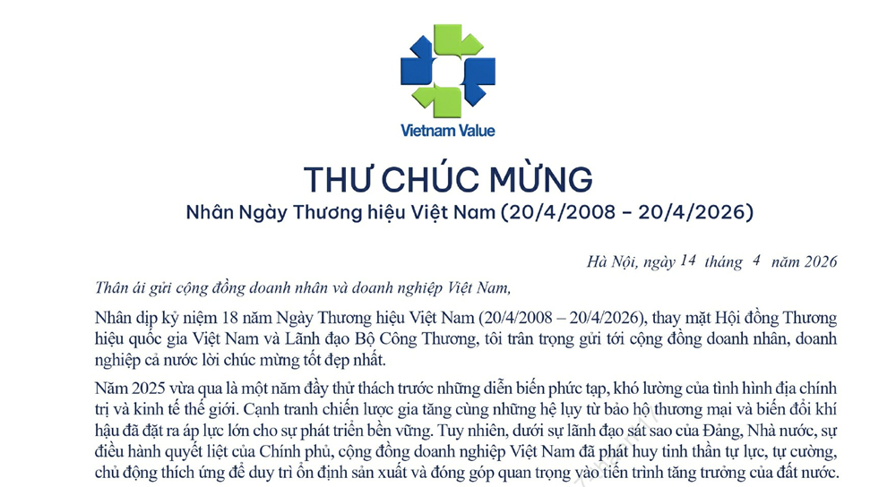 Thư chúc mừng của lãnh đạo Bộ Công Thương nhân Ngày Thương hiệu Việt Nam
