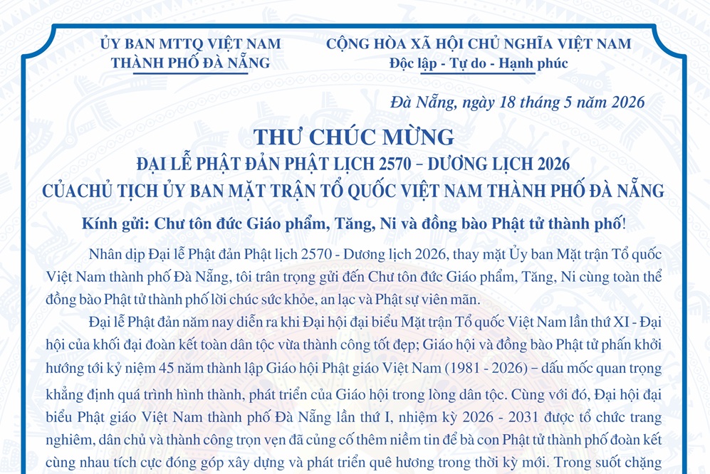 Thư chúc mừng Đại lễ Phật đản Phật lịch 2570 – Dương lịch 2026