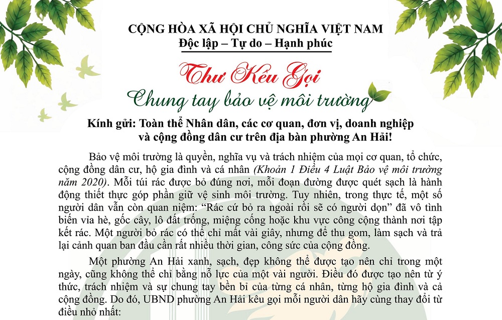 Phường An Hải gửi thư kêu gọi chung tay bảo vệ môi trường
